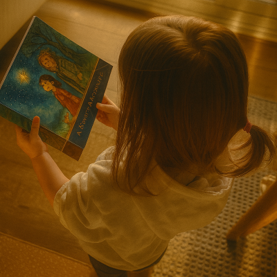 An example Fableous customised book held by a curious child.