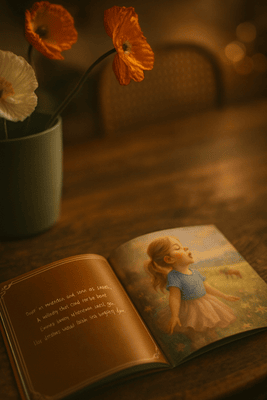 An example inside page of a Fableous customised book set on a cosy dinner table.